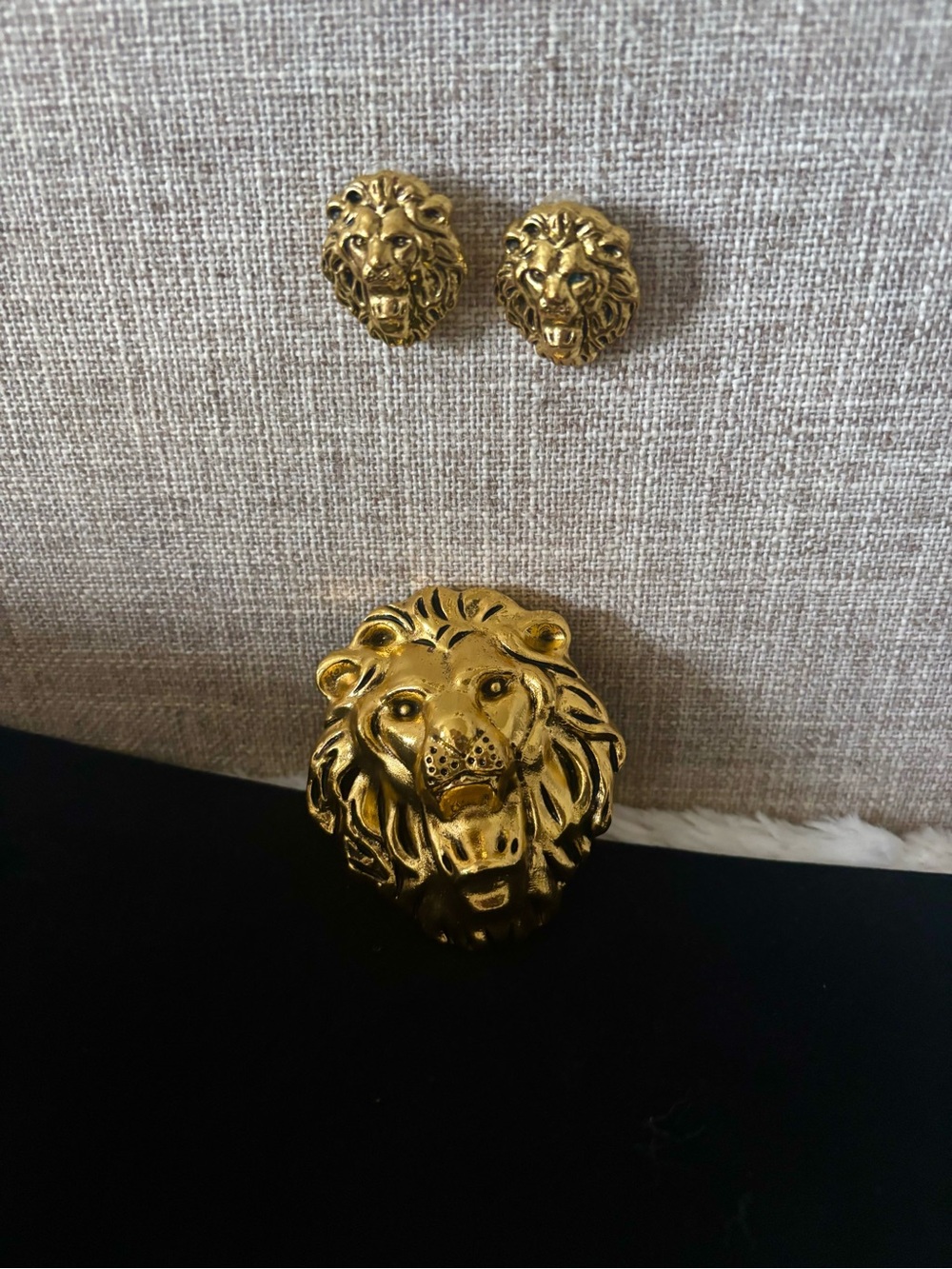 Sassy Jones Gold Lion Head Brooch and Earrings Set